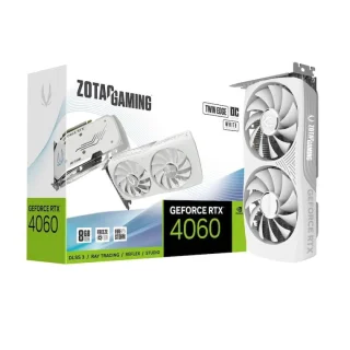 ZOTAC GAMING GeForce RTX 4060 Twin Edge OC 8GB White Edition PCIe 4.0 Graphics Card – NVIDIA Ada Lovelace RTX 4060 GPU, 3072 CUDA Cores, 8GB GDDR6 128-bit, Up to ~2490 MHz Boost, Dual-Fan Air Cooling, 3x DP 1.4a + HDMI 2.1 Outputs, Compact 221 mm Length, 2-Slot Design, FireStorm Utility