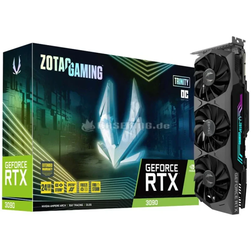 ZOTAC GAMING Trinity OC GeForce RTX 3090 24GB GDDR6X Graphics Card – NVIDIA RTX 3090 GPU with 10496 CUDA Cores, 24 GB 384-bit Memory @ 19.5 Gbps, PCIe 4.0 x16, IceStorm 2.0 Triple-Fan Cooling, Spectra 2.0 RGB, 3x DisplayPort 1.4a + HDMI 2.1, 318 mm Length Premium High-Performance Ampere GPU for 8K & VR Gaming - Featured Image