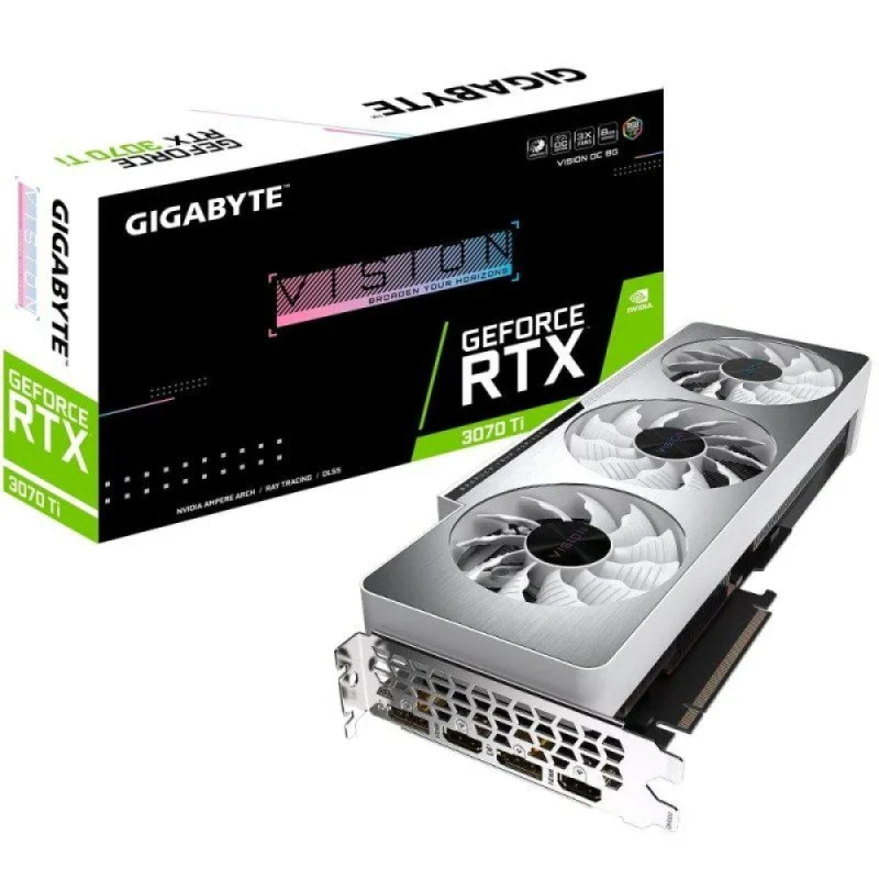 Gigabyte Vision OC GeForce RTX 3070 Ti 8GB GDDR6X PCIe 4.0 Gaming Graphics Card – NVIDIA Ampere RTX 3070 Ti GPU, 6144 CUDA Cores, 1830 MHz Boost Clock, 256-bit Memory, WINDFORCE 3X Triple-Fan Cooling, 2x HDMI 2.1 & 2x DisplayPort 1.4a, White/Silver Aesthetic, 320 mm Length for Gaming & Creative Builds - Featured Image