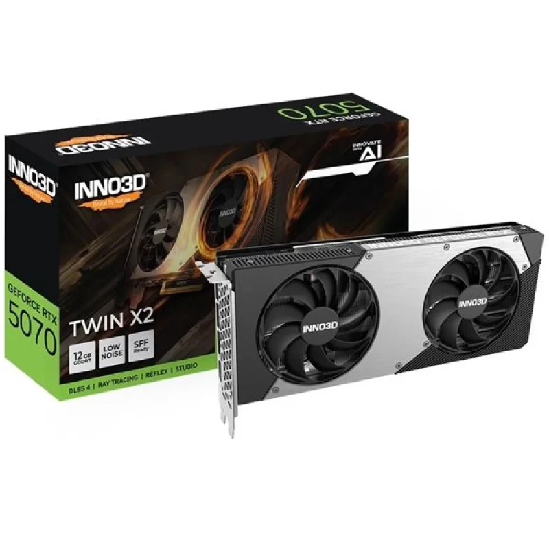 INNO3D Twin X2 GeForce RTX 5070 12GB GDDR7 PCIe 5.0 Graphics Card – 6144 CUDA Cores, 250W TGP, 192-bit Memory Bus, 672 GB/s Bandwidth, 250 mm Compact Dual-Fan Cooling, 3x DisplayPort 2.1b & HDMI 2.1b Outputs, Black/Silver Gaming & Creator GPU - Featured Image