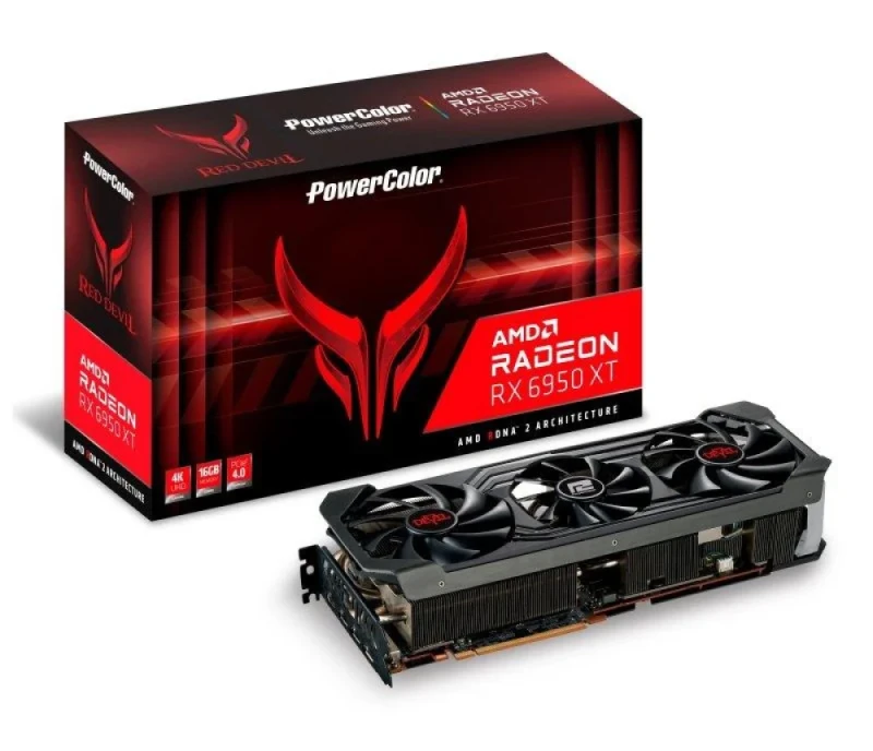 PowerColor Red Devil OC Radeon RX 6950 XT 16GB GDDR6 PCIe 4.0 Graphics Card – AMD RDNA 2 GPU, 5120 Stream Processors, 256-bit 16 GB Memory, OC Up to ~2435 MHz Boost, Triple-Fan Active Cooling, HDMI 2.1 & 3x DisplayPort, 320 mm Black Enthusiast GPU - Featured Image