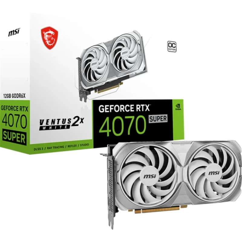 MSI GeForce RTX 4070 SUPER VENTUS 2X OC White 12GB Graphics Card – NVIDIA GeForce RTX 4070 SUPER GPU, 7168 CUDA Cores, 12GB GDDR6X 192-bit, PCIe 4.0, Dual-Fan TORX 4.0 Cooling, Boost ~2505 MHz, 3x DisplayPort 1.4a & HDMI 2.1a, 242 mm Length, White - Featured Image