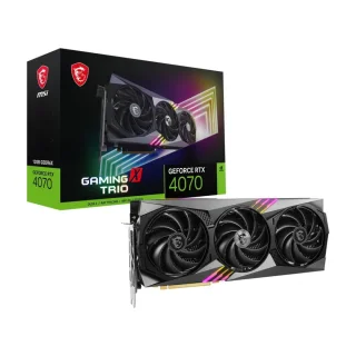 MSI GeForce RTX 4070 GAMING X TRIO 12GB Graphics Card – NVIDIA Ada Lovelace RTX 4070 GPU, 5888 CUDA Cores, 2610 MHz Boost Clock, 12 GB GDDR6X 192-bit 21 Gbps Memory, TRI FROZR 3 Triple-Fan Cooling with TORX Fan 5.0, PCIe 4.0 x16, HDMI 2.1 & 3x DisplayPort, 338 mm Length, Black/Grey Aesthetic