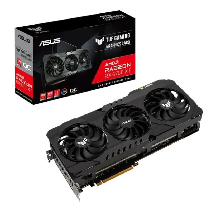 ASUS TUF GAMING OC AMD Radeon RX 6700 XT 12GB GDDR6 Graphics Card – 322 mm Triple-Fan Cooling with Axial-Tech Fans & MaxContact, PCIe 4.0, 2560 Stream Processors, Up to 2622 MHz Boost Clock, 192-bit 384 GB/s, 3x DisplayPort 1.4a + HDMI 2.1, Dual 8-pin Power, Black ARGB high-performance GPU for 1440p/8K gaming. - Featured Image