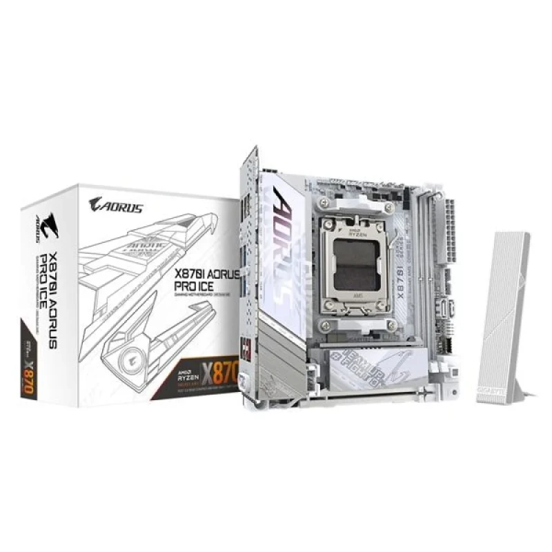Gigabyte X870I AORUS PRO ICE AMD X870 ITX Motherboard – AM5 Socket for Ryzen 7000/8000/9000 Series, DDR5 up to 8400 MHz OC, Wi-Fi 7 & Bluetooth, 2.5 GbE LAN, PCIe 5.0 x16, USB4/USB-C, Dual M.2 & SATA, Realtek ALC4080 Audio, White Mini-ITX Board - Featured Image
