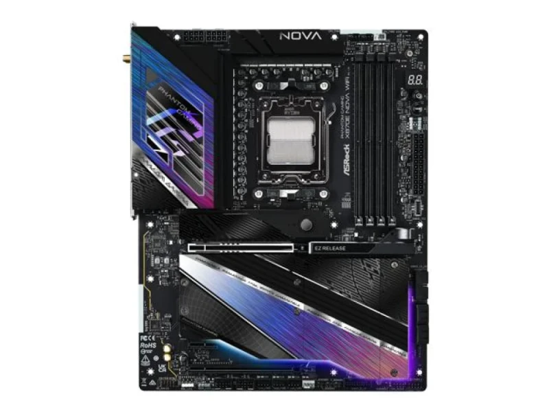 ASRock Phantom Gaming X870E Nova WiFi AMD X870E ATX Motherboard – AM5 Socket for Ryzen 9000/8000/7000 Series, DDR5 Up to 8200+ MHz, 5x M.2 (PCIe 5/4/3), Dual USB4 & USB-C, 5 Gb Ethernet, Wi-Fi 7 & Bluetooth, HDMI 2.1, 12 USB Ports, Realtek ALC4082 Audio Gaming Board - Featured Image
