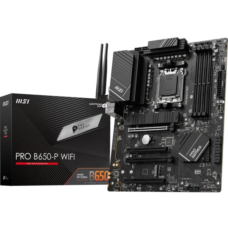 MSI PRO B650-P WIFI AMD AM5 ATX Motherboard – AMD B650 Chipset, AM5 Socket for Ryzen 7000/8000/9000 Series, DDR5 7200+ MHz (OC) Memory, Dual PCIe 4.0 M.2 & 6x SATA 6 Gb/s Storage, Wi-Fi 6E & Bluetooth 5.3 Wireless, Realtek 2.5 Gb LAN, USB-C 20 Gbps & Multiple USB 3.2 Ports, HDMI 2.1 & DP 1.4 Outputs, Core Boost & Extended Heatsinks – Professional Desktop/Workstation Board - Featured Image
