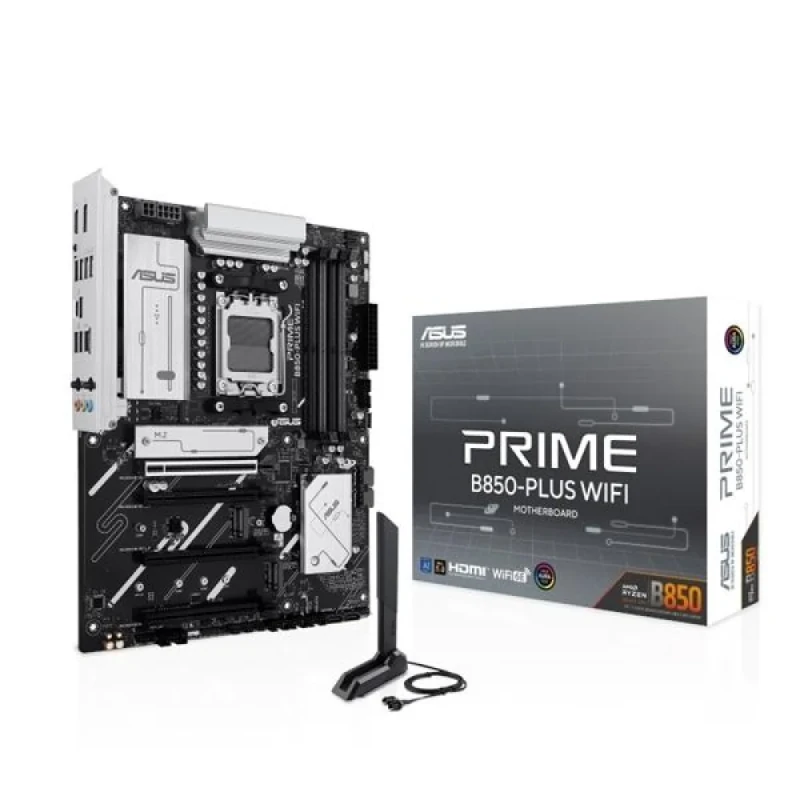 ASUS PRIME B850-PLUS WIFI AM5 ATX Motherboard – AMD B850 Chipset, Socket AM5 (AMD Ryzen 7000/8000/9000), DDR5 up to 8000 MT/s, 4x DIMM Slots (Up to 256 GB), 3x M.2 PCIe NVMe, PCIe 4.0/3.0 Expansion, Wi-Fi 6E & Bluetooth 5.3, Realtek 2.5 Gb LAN, HDMI/USB-C/A I/O – Full-Featured ATX Board - Featured Image