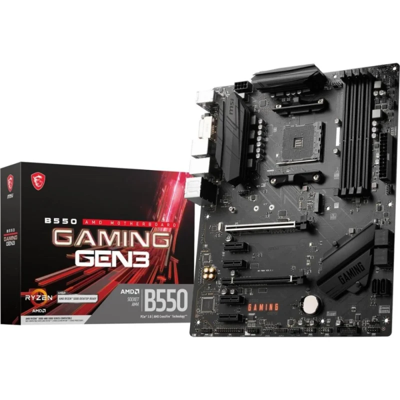 MSI B550 GAMING GEN3 ATX AM4 Motherboard – AMD B550 Chipset, Supports Ryzen 5000/4000/3000 Series, DDR4 up to 4400(OC) MHz, Dual-Channel 128GB, PCIe 3.0 x16/PCIe 2.0 x1, Turbo M.2 Gen3 x4, SATA III, Realtek RTL8111H Gigabit LAN, HDMI & DVI-D, Audio Boost, Flash BIOS Button - Featured Image