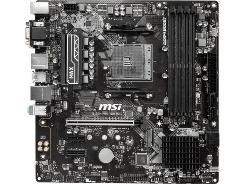MSI B450M PRO-VDH MAX Micro-ATX Motherboard – AMD B450 AM4, 4x DIMM DDR4 up to 3466 (OC), 1x PCIe 3.0 x16 & 2x PCIe 2.0 x1, Turbo M.2 & 4x SATA III Storage, Realtek Gigabit LAN, HDMI/DVI-D/VGA, USB 3.2 Gen1 & USB 2.0, Audio Boost 7.1-Ch HD Audio, Core Boost & DDR4 Boost - Featured Image