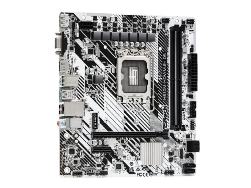 ASRock H610M-HDV/M.2+ D5 DDR5 Micro-ATX Motherboard – Intel H610 LGA1700 Socket, Dual Channel DDR5 up to 5600, 2x DIMM, 1x Ultra M.2 PCIe Gen3x4, 4x SATA3, 1x PCIe 4.0 x16, Realtek Gigabit LAN, 7.1 HD Audio, USB-C & USB3.2, HDMI/DisplayPort/D-Sub I/O - Featured Image