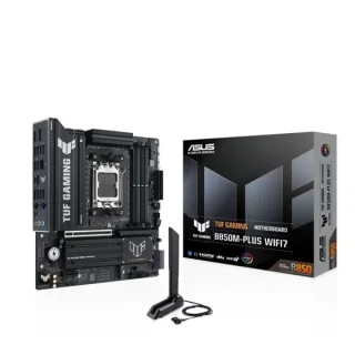 ASUS TUF GAMING B850M-PLUS WIFI7 Micro-ATX Motherboard – AMD B850 AM5, 14+2+1 Power Stages, DDR5 up to 8000+ MT/s (OC), PCIe 5.0 x16 & PCIe 4.0 x1, 3x M.2 Slots (PCIe 5.0/4.0), Realtek 2.5 Gb LAN, Wi-Fi 7 (802.11be) & Bluetooth 5.4, USB 20 Gbps Type-C + USB 10 Gbps, HDMI 2.1 & DisplayPort, 7.1 Audio, TUF Durable Components – high-connectivity AMD AM5 board for gaming and AI builds.