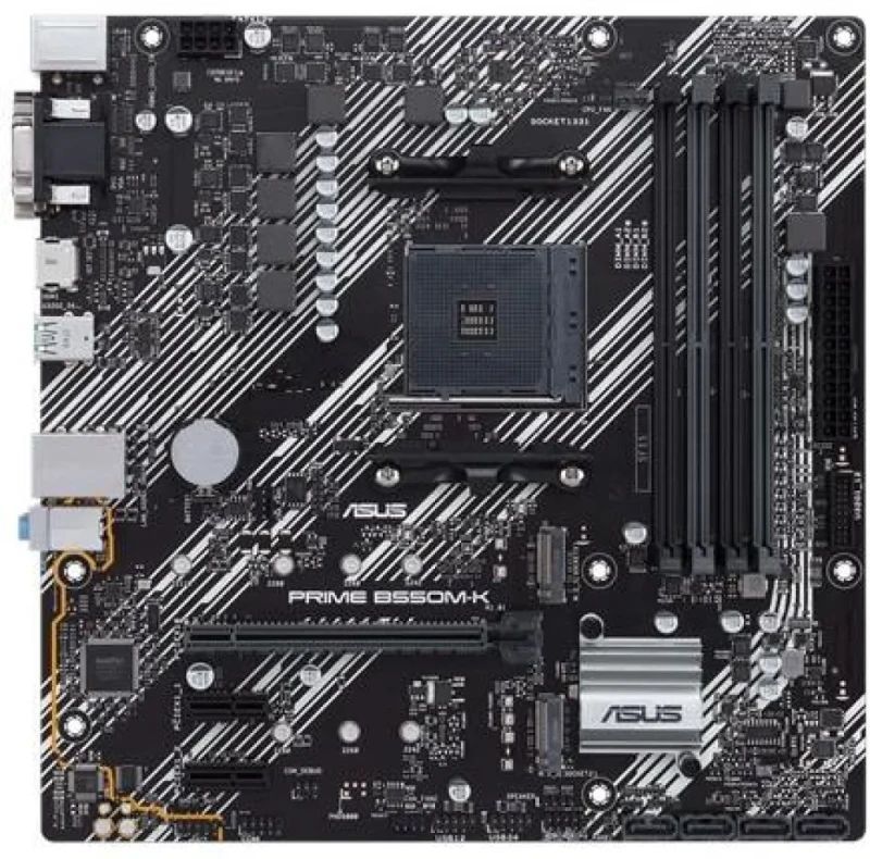 ASUS PRIME B550M-K Micro-ATX Motherboard – AMD B550 Chipset, Socket AM4, DDR4 Dual Channel (4x DIMM, up to 128 GB), PCIe 4.0 x16 & PCIe 3.0 x1, 1x M.2, 4x SATA III, Gigabit LAN (Realtek), HDMI/DisplayPort, 24-Pin ATX & 8-Pin CPU Power – Compact PC Build Board - Featured Image
