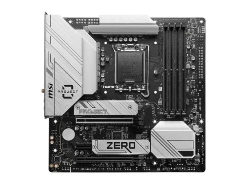 MSI B760M PROJECT ZERO DDR5 Micro-ATX Motherboard – Intel B760 Chipset, LGA1700 for 12th/13th/14th Gen Core/Pentium/Celeron, 4x DDR5 up to 7800+ MT/s, PCIe 5.0 x16 & PCIe 4.0, Dual M.2 & 4x SATA, 2.5 Gb LAN, Wi-Fi 6E & Bluetooth 5.3, USB 20 Gbps Type-C, HDMI 2.1 & DP, Back-Connect Design - Featured Image