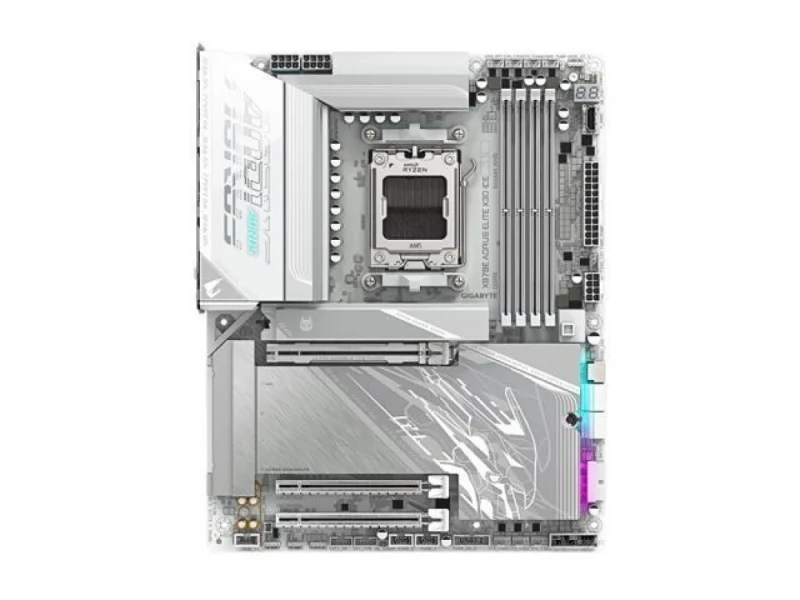 Gigabyte X870E AORUS ELITE X3D ICE AMD X870E ATX Motherboard – AM5 Socket for AMD Ryzen 7000/8000/9000 CPUs, DDR5 Dual-Channel 4x DIMM up to 9000 MT/s, 16+2+2 VRM Phases, 4x M.2 (PCIe 5.0/4.0), PCIe 5.0 x16, Wi-Fi 7 + Bluetooth 5.4, 2.5 GbE LAN, Dual USB4 Type-C, USB 3.2 Gen2/Gen1, Realtek ALC1220-VB Audio, White Edition - Featured Image