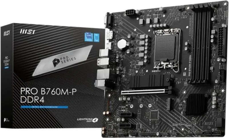 MSI PRO B760M-P Intel B760 Micro-ATX Motherboard – LGA 1700 Socket for Intel 12th/13th/14th Gen CPUs, DDR5 Dual-Channel up to ~6800 MT/s, 4x DIMM, PCIe 4.0 x16 + 2x PCIe 4.0 x1, 2x M.2 NVMe, 4x SATA 6 Gb/s, Realtek Gigabit LAN, HDMI/DisplayPort/VGA, USB 3.2 Gen2 Type-C + USB 3.2/2.0 Ports, Realtek ALC897 7.1-Ch Audio - Featured Image