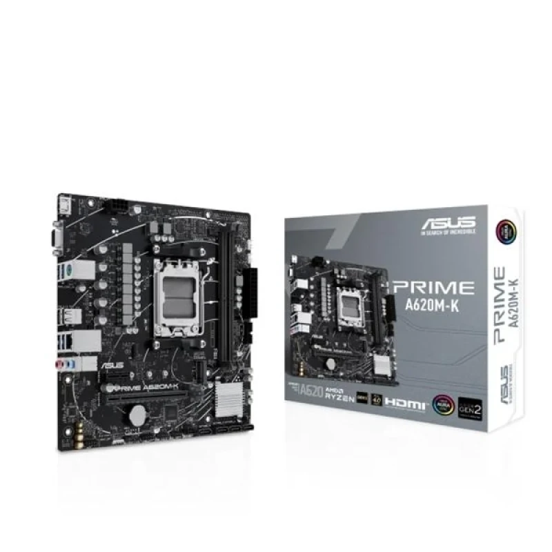 ASUS PRIME A620M-K micro-ATX AMD AM5 Motherboard – A620 Chipset, DDR5 4800–7200+ (OC) Support, AM5 Socket for Ryzen 9000/8000/7000 Series, 1x PCIe 4.0 x16 & 1x PCIe 3.0 x1, 1x M.2 PCIe 4.0 & 4x SATA 6 Gb/s, Realtek 1 Gb LAN, HDMI & VGA, USB 3.2 Gen 1 & USB 2.0, Aura Sync RGB – DIY/Compact PC Builder Friendly - Featured Image