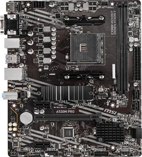 MSI A520M PRO AMD A520 micro-ATX Motherboard – AM4 Socket for Ryzen 5000/4000/3000 Series, DDR4 Dual-Channel up to 4600 MT/s (OC), 2x DIMM, 1x PCIe 3.0 x16 + 2x PCIe 3.0 x1, 1x M.2 PCIe/SATA, 4x SATA 6Gb/s, Realtek Gigabit LAN, HDMI/DisplayPort/VGA, USB 3.2 Gen 1 & USB 2.0 Ports, 7.1-Channel Audio (No Wi-Fi) – Budget Performance mATX Mainboard