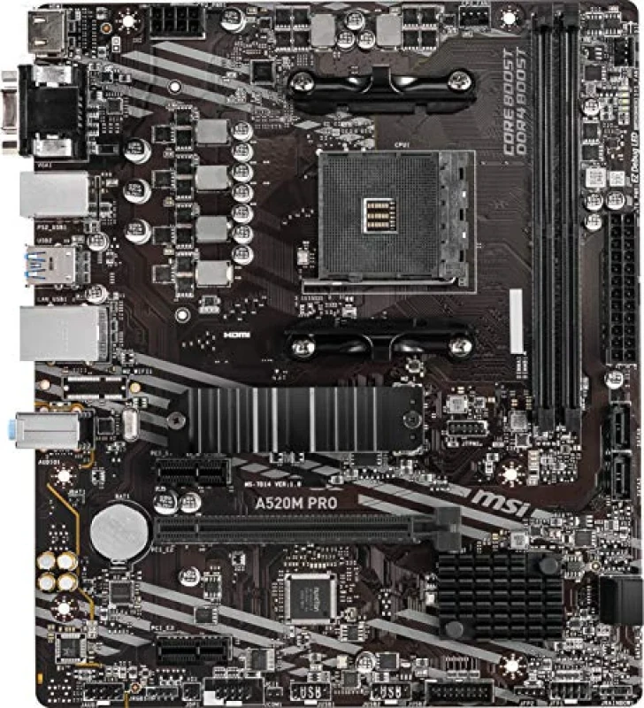 MSI A520M PRO AMD A520 micro-ATX Motherboard – AM4 Socket for Ryzen 5000/4000/3000 Series, DDR4 Dual-Channel up to 4600 MT/s (OC), 2x DIMM, 1x PCIe 3.0 x16 + 2x PCIe 3.0 x1, 1x M.2 PCIe/SATA, 4x SATA 6Gb/s, Realtek Gigabit LAN, HDMI/DisplayPort/VGA, USB 3.2 Gen 1 & USB 2.0 Ports, 7.1-Channel Audio (No Wi-Fi) – Budget Performance mATX Mainboard - Featured Image