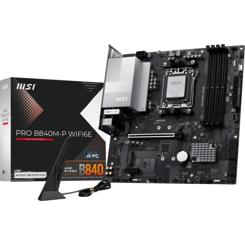 MSI PRO B840M-P WIFI6E Micro-ATX Motherboard – AMD B840 Chipset AM5 for Ryzen 9000/8000/7000 Series, DDR5 up to 8000+ MT/s, Wi-Fi 6E & Bluetooth 5.3, Realtek 2.5G LAN, 2x M.2 PCIe 4.0, 4x SATA 6Gb/s, HDMI 2.1, USB 3.2 Gen2/Gen1 Type-A & Type-C - Featured Image