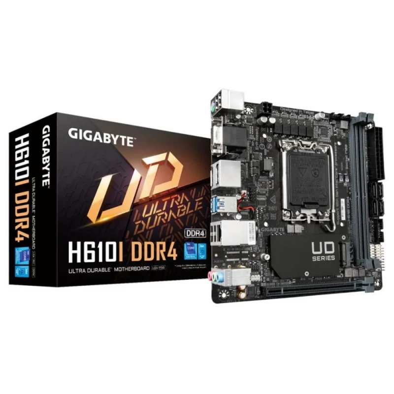 Gigabyte H610I DDR4 Mini-ITX Motherboard – Intel H610 Express LGA1700 Socket, DDR4 up to 3200 MHz, 1x PCIe x16, 1x M.2 PCIe 3.0, 4x SATA 6 Gb/s, Intel Gigabit Ethernet, USB 3.2 Gen1, HDMI & DisplayPort Outputs, Compact mITX Board for 12th/13th/14th Gen Intel CPUs - Featured Image