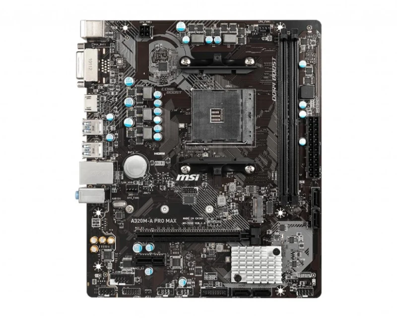 MSI A320M-A PRO MAX Micro-ATX Motherboard – AMD A320 Chipset AM4, DDR4 up to 3200 MHz (OC), Dual-Channel Memory, Realtek® 8111H Gigabit LAN, 1x PCIe 3.0 x16 & 1x PCIe 2.0 x1, 1x M.2 PCIe 3.0 & 4x SATA 6 Gb/s, HDMI & DVI-D Video, 7.1-Channel HD Audio (Realtek ALC892), USB 3.2 Gen1 & USB 2.0 Ports - Featured Image