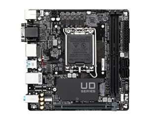 Gigabyte H610I Mini-ITX Motherboard – Intel H610 Express LGA1700 Board with DDR4/DDR5 Support (up to ~5600 MT/s), 2x DIMM, PCIe 3.0 M.2, Gigabit LAN, 1x HDMI 2.0, 2x DisplayPort 1.2, 4x USB 2.0, 2x USB 3.2 Gen1, SATA 6 Gb/s, UEFI BIOS, Fan/Temp Monitoring – Compact ITX PC Build