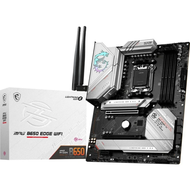 MSI MPG B650 EDGE WIFI ATX Motherboard – AMD B650 Chipset, AM5 Socket for Ryzen 9000/8000/7000 Series, DDR5-7800+ OC Support, 4x DIMM, 3x M.2 (Lightning Gen5 & Gen4), 2.5 Gb LAN, Wi-Fi 6E & Bluetooth 5.3, Realtek ALC4080 Audio, PCIe 4.0 x16, USB 3.2 Gen2x2 & USB-C - Featured Image