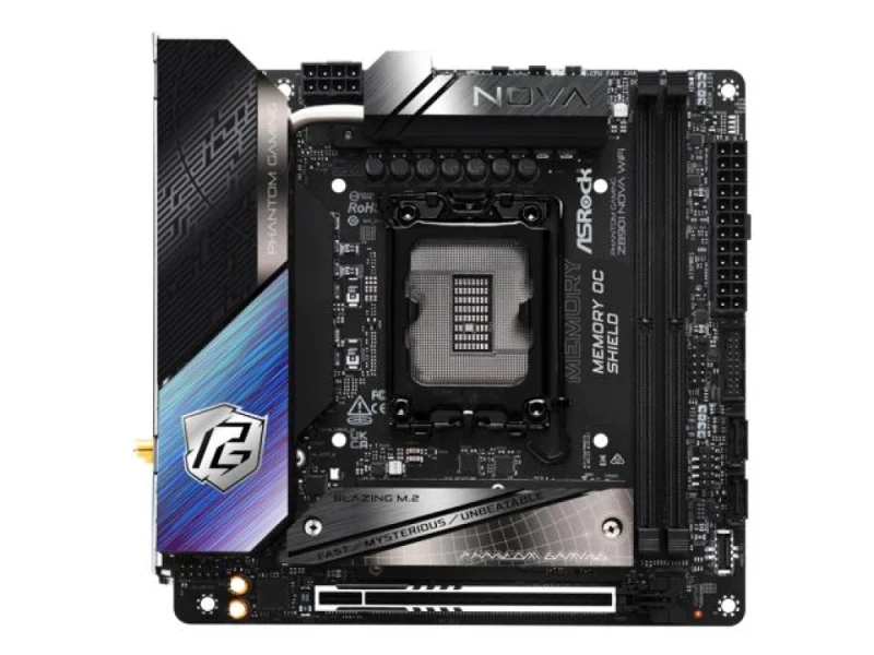 ASRock Z890I NOVA WiFi Mini-ITX Motherboard – Intel Z890 chipset, LGA1851 socket for Intel Core Ultra (Series 2), DDR5 dual-channel up to 9866+ MHz OC, 2x DIMM, PCIe 5.0 x16, 3x M.2 slots, Wi-Fi 7 (802.11be) & Bluetooth 5.4, 2x Thunderbolt 4, 5 Gb LAN, HDMI 2.1, Realtek 7.1 audio, RGB headers - Featured Image
