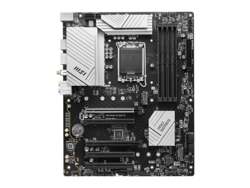 MSI PRO B760-VC WIFI IV ATX Motherboard – Intel B760 chipset, LGA1700 socket supporting 14th/13th/12th Gen Intel Core/Pentium/Celeron CPUs, DDR5 up to 7000+ MHz (OC), 4x DIMM, PCIe 4.0 x16 & multiple PCIe slots, Dual M.2 PCIe 4.0, Wi-Fi 7 (802.11be) & Bluetooth 5.4, Realtek 2.5Gb LAN, USB-C & USB-A Gen2/Gen1, SATA, RGB headers - Featured Image