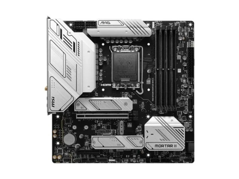 MSI MAG B760M MORTAR WIFI II Micro-ATX Motherboard – Intel B760 chipset, LGA1700 socket for 14th/13th/12th Gen Intel Core/Pentium/Celeron CPUs, 4x DDR5 up to 7800+ MHz, PCIe 5.0 & PCIe 3.0 slots, 3x M.2 Gen4, Intel Wi-Fi 6E & Bluetooth 5.3, Realtek 2.5Gb LAN, USB 3.2 Gen2x2 Type-C & USB Gen2, HDMI 2.1 & DisplayPort, RGB headers - Featured Image