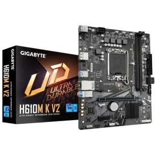 Gigabyte H610M K V2 Micro-ATX Motherboard – Intel H610 chipset, LGA1700 socket for Intel 12th/13th/14th Gen Core/Pentium/Celeron CPUs, DDR5 up to 5600 MHz, 2x DIMM, PCIe 4.0 x16 & PCIe 3.0 x1, 1x M.2 PCIe 3.0, Realtek Gigabit LAN, HDMI 2.1 & DisplayPort 1.2, USB 3.2 Gen1 & USB 2.0, SATA III support, Compact PC build board