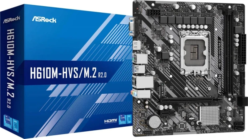 ASRock H610M-HVS/M.2 R2.0 Micro ATX Motherboard – Intel H610 LGA1700, DDR4 Dual-Channel up to 3200 MHz, 2x DIMM, 1x PCIe 4.0 x16 & 1x PCIe 3.0 x1, HDMI & D-Sub Video, Realtek Gigabit LAN, Realtek ALC897 7.1 Audio, 4x SATA3 & Ultra M.2 (PCIe Gen3x4), USB 3.2 Gen1 & USB 2.0 I/O – Budget PC Board - Featured Image