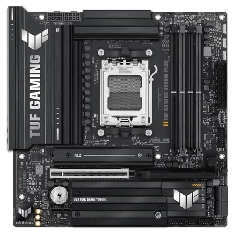 ASUS TUF GAMING B850M-PLUS AM5 Micro-ATX Motherboard – AMD B850 Socket, DDR5 Dual-Channel up to 8000+ MT/s (OC), 4x DIMM, PCIe 5.0 x16 & PCIe 4.0 x1, 3x M.2 NVMe (Gen5/Gen4), Realtek 2.5 Gb Ethernet, HDMI 2.1, USB 3.2 Gen2/Gen1, Realtek ALC1220P 7.1 Audio, Passive Cooling – High-Performance AM5 Board - Featured Image