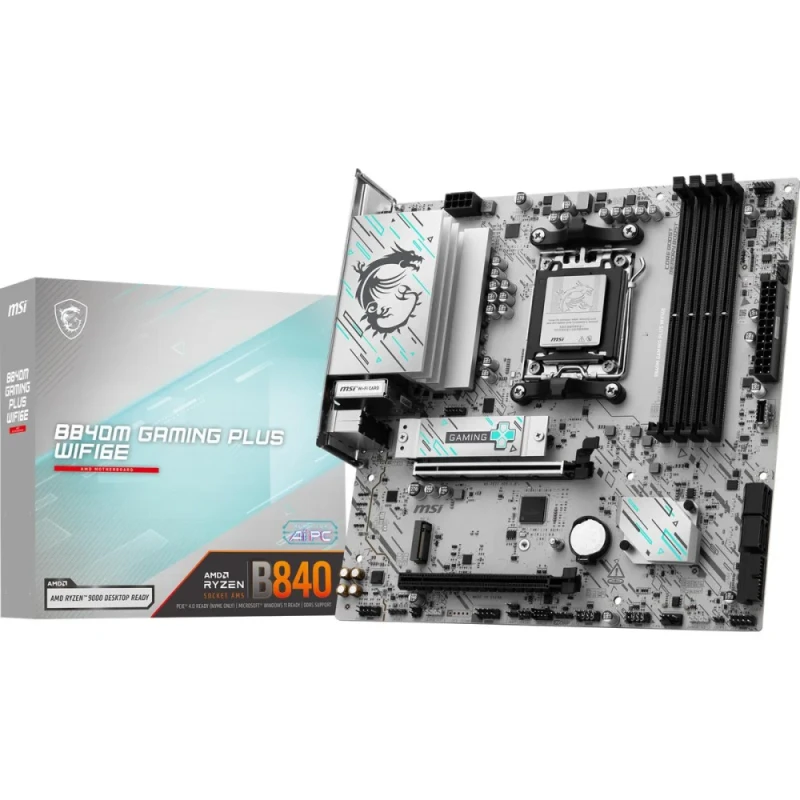 MSI B840M GAMING PLUS WIFI6E AM5 Micro-ATX Motherboard – AMD B840 Chipset, Socket AM5 Ryzen 9000/8000/7000 Support, 4x DDR5 8000+ (OC) Memory, Dual PCIe x16 (4.0/3.0), 2x M.2 Gen4 & 4x SATA Storage, Wi-Fi 6E & Bluetooth 5.3 Wireless, Realtek 2.5Gb LAN, HDMI 2.1, USB 10Gbps Type-A/C, Enhanced Cooling & Audio Boost for Gaming Builds - Featured Image