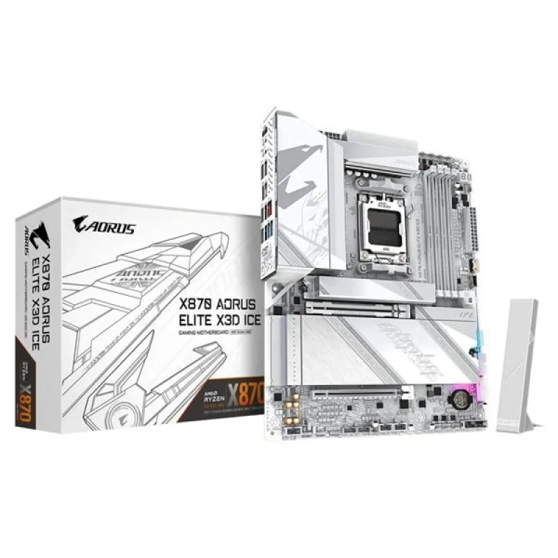 Gigabyte X870 AORUS ELITE X3D ICE ATX Motherboard – AMD X870 AM5 Board with DDR5 up to 9000 MT/s OC, 4x PCIe M.2 (2x PCIe 5.0 + 2x PCIe 4.0), Dual USB4 Type-C, Wi-Fi 7 & Bluetooth 5.4, 5 GbE LAN, PCIe 5.0 x16, HDMI 2.1, Realtek Audio, High-End White Gaming/Mainboard - Featured Image
