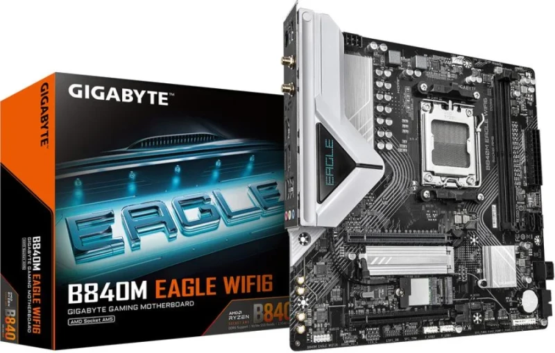 GIGABYTE B840M EAGLE WIFI6 Micro-ATX AM5 Motherboard – AMD B840 Chipset, Socket AM5 for Ryzen 7000/8000/9000 Series, DDR5-7600+MHz (2x DIMM, up to 128 GB), 1x PCIe 4.0 x16, 2x M.2 Slots, Realtek ALC897 7.1 Audio, Wi-Fi 6, Bluetooth 5.3, 2.5 Gb Ethernet, USB 3.2 Gen1 & HDMI 2.1/DP1.4 - Featured Image