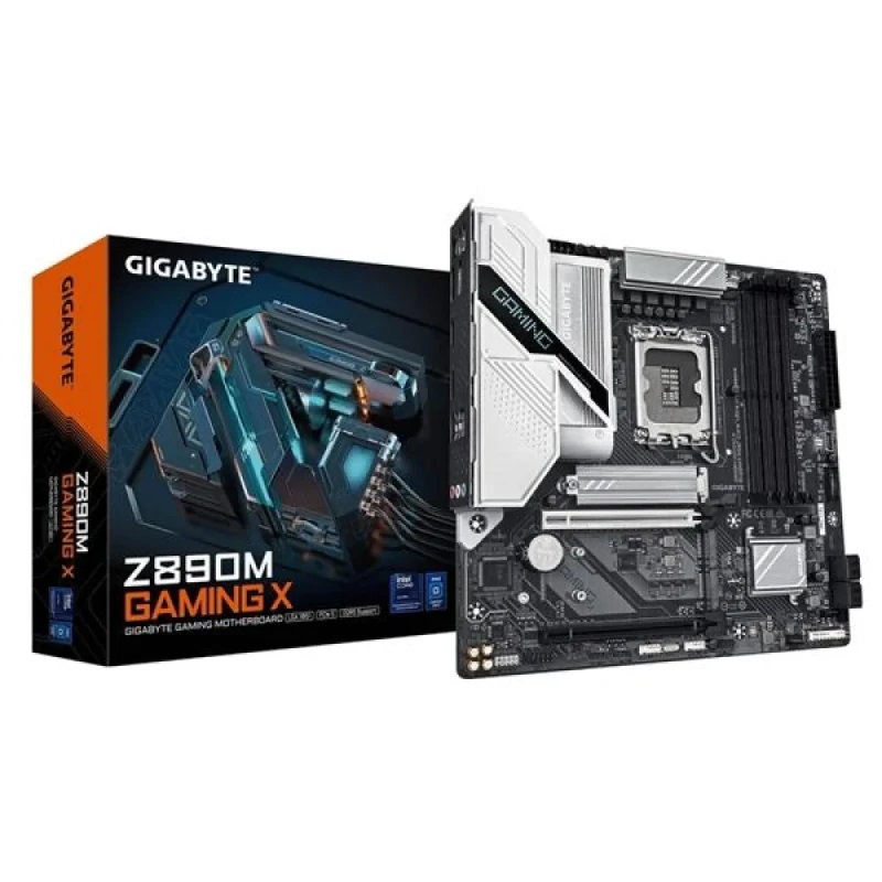 GIGABYTE Z890M GAMING X Micro-ATX Motherboard – Intel Z890 LGA1851 for Intel Core Ultra Series CPUs, DDR5-8800+MHz Support, 4x DIMM Up to 256 GB, PCIe 5.0 x16 & 2x PCIe 4.0, 3x M.2 NVMe Slots, Realtek 2.5 Gb LAN, 7.1 Audio, USB 3.2 Gen1, HDMI & DisplayPort Outputs - Featured Image