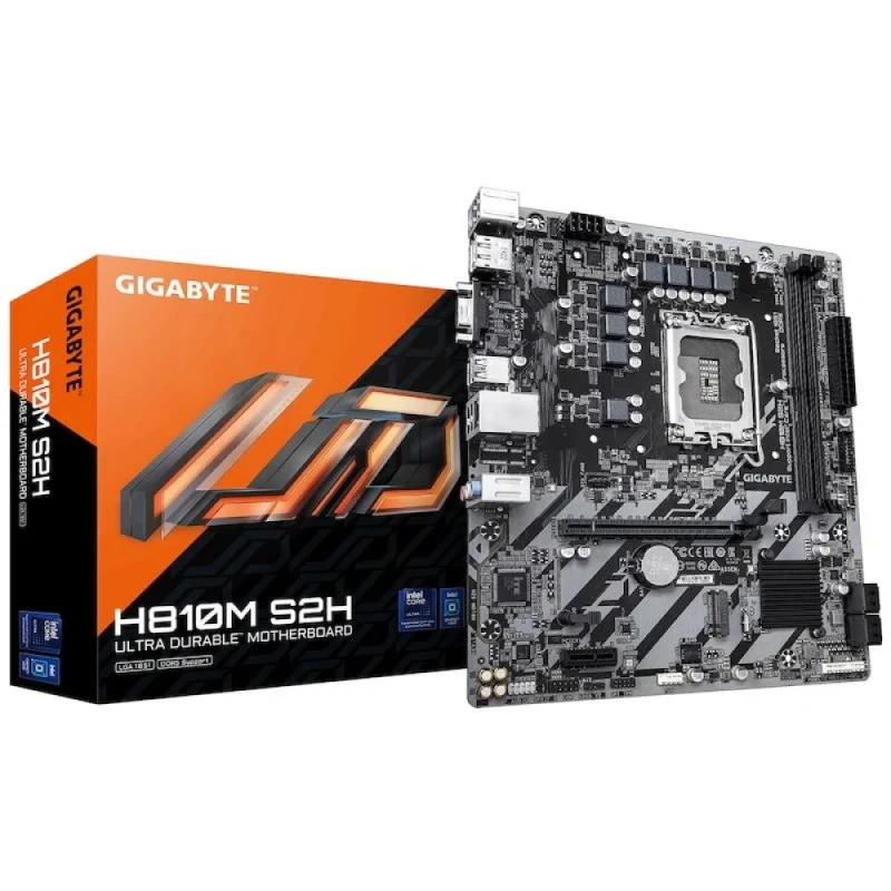 GIGABYTE H810M S2H Micro-ATX Motherboard – Intel H810 LGA1851 for Intel Core Ultra (Series 2) CPUs, Dual-Channel DDR5-6400 Support, 2x DIMM, PCIe 4.0 x16, 1x PCIe 3.0 x1, 1x M.2 NVMe, Realtek Gigabit LAN, 7.1 HD Audio, USB 3.2 Gen1, HDMI/DisplayPort & D-Sub Outputs - Featured Image