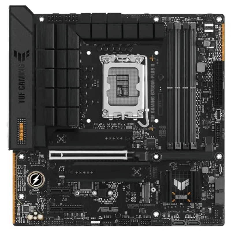 ASUS TUF GAMING B760M-PLUS II Intel B760 LGA1700 DDR5 microATX Motherboard – 3x M.2 & 4x SATA6Gb/s, PCIe 5.0 x16/4.0 x4/3.0 x1, 4x DIMM up to 192 GB DDR5, Realtek 2.5 Gb Ethernet, HDMI + DisplayPort, USB 20 Gbps Type-C & USB 10 Gbps, AI Noise Cancelation, ProCool & SafeSlot Core+ - Featured Image