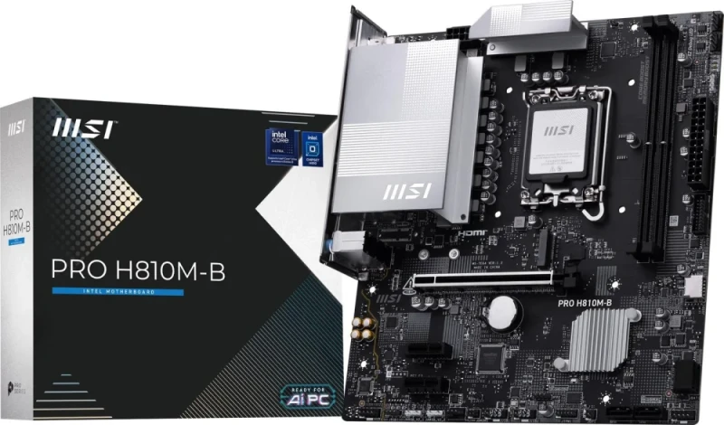 MSI PRO H810M-B Micro-ATX Intel H810 Motherboard – LGA1851 for Intel Core Ultra Series 2 CPUs, Dual-Channel DDR5-6400 (2 DIMMs), PCIe 5.0 x16 & PCIe 4.0 x1 Slots, 1x M.2 Gen4 & 4x SATA III, 2.5 Gb LAN, HDMI 2.1 & DisplayPort, Realtek ALC897 7.1-Channel Audio, USB Type-C & USB A Ports - Featured Image