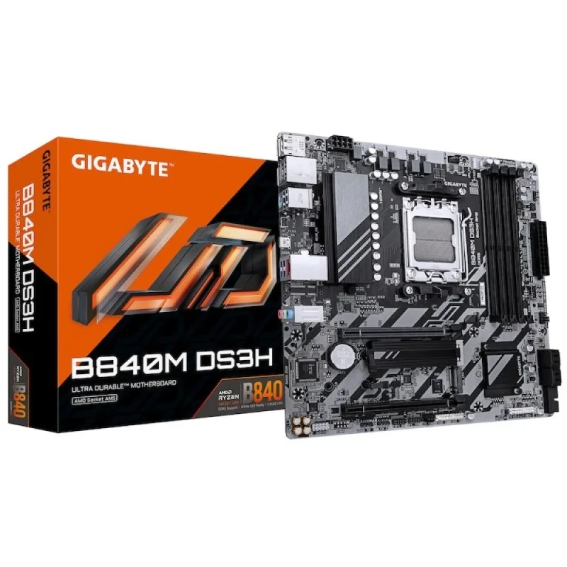 Gigabyte B840M DS3H AM5 Micro-ATX Motherboard – AMD B840 Chipset, Socket AM5 for Ryzen 7000/8000/9000 Series, 4x DDR5 up to 8200 MT/s, 2x PCIe 4.0 M.2, 2.5GbE LAN (Realtek RTL8125), 4x SATA III, USB 3.2 Gen1 Type-C & Type-A, HDMI 2.1 & DisplayPort, 7.1-ch HD Audio - Featured Image