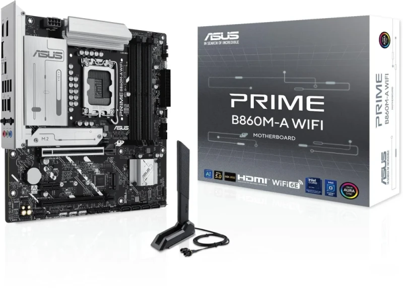 ASUS PRIME B860M-A WIFI Intel B860 Micro ATX Motherboard – LGA 1851 Socket for Intel Core Ultra Series, DDR5 8666+ MT/s, 4x DIMM, 2x M.2 (PCIe 5.0 & 4.0), 4x SATA 6Gb/s, Wi-Fi 6E & Bluetooth 5.3, Realtek 2.5Gb Ethernet, HDMI + 2x DisplayPort, USB-C & USB 3.2 - Featured Image