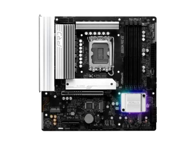 ASRock B860M Pro RS Intel B860 Micro-ATX Motherboard – LGA1851 Socket for Intel Core Ultra Series, DDR5 Dual-Channel up to 8666+ MT/s, 4x DIMM, 3x M.2 Slots (PCIe 5.0 & PCIe 4.0), 4x SATA, 2.5Gb LAN, HDMI 2.1 & DisplayPort, USB-C & USB 3.2 Gen1 Ports, RGB Headers - Featured Image