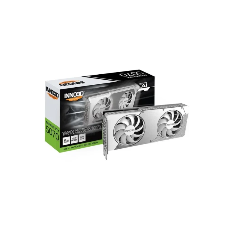 INNO3D GeForce RTX 5070 TWIN X2 OC White 12GB 250 mm Graphics Card – NVIDIA GeForce RTX 5070 GPU with Blackwell Architecture, 6,144 CUDA Cores, 12 GB GDDR7 192-bit Memory, Boost ~2,542 MHz OC, PCIe 5.0 x16, Dual-Fan Active Cooling, 1x HDMI 2.1b & 3x DisplayPort 2.1b, Compact Dual-Slot Design for High-Performance Gaming & AI/Creator Workflows - Featured Image