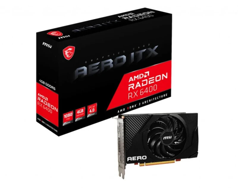 MSI Radeon RX 6400 AERO ITX 4GB Black/Gray 172 mm Graphics Card – AMD Radeon RX 6400 GPU, 4 GB GDDR6 64-bit Memory, PCIe 4.0 x4 Interface, Boost Up to 2321 MHz, Single-Fan Active Cooling, 1x HDMI 2.1 & 1x DisplayPort 1.4a, Compact ITX 172 mm Length, Low-Profile Dual-Slot Design for Efficient 1080p Gaming - Featured Image