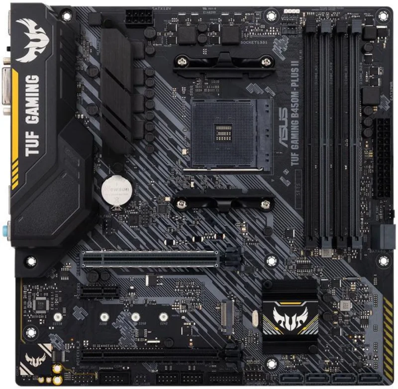 ASUS TUF GAMING B450M-PLUS II AMD AM4 Micro-ATX Motherboard – AMD B450 Chipset, Socket AM4 for Ryzen 1000/2000/3000 Series, Dual-Channel DDR4 up to 4400+ MT/s (OC), 4x DIMM, PCIe 3.0 x16 + PCIe 2.0, 1x M.2 + SATA III Storage, Realtek Gigabit LAN, HDMI & DVI-D Video, AI Noise-Canceling Mic, Aura Sync RGB, Military-Grade Components for Stable Gaming Builds - Featured Image