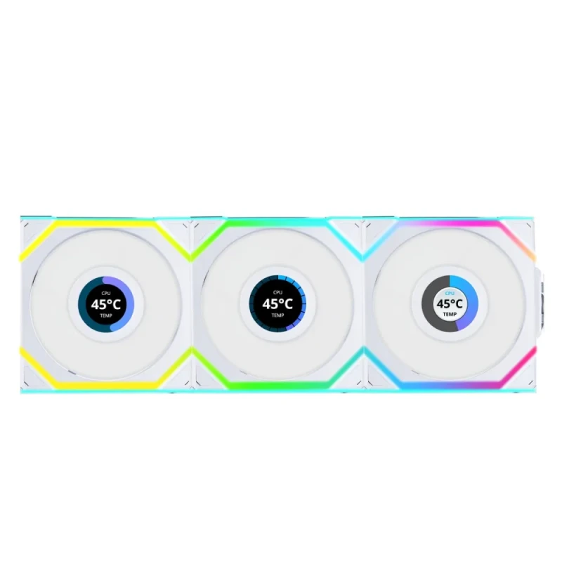 Lian Li UNI FAN SL Wireless LCD 3-Pack - 120mm PWM fan, 29.5 dB, 50.08 CFM Airflow, 350 - 1900 RPM, White Color - Featured Image