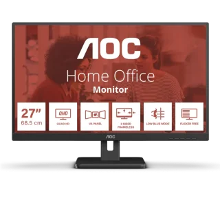 AOC Q27E3UAM 27" QHD (2560x1440) IPS Monitor, 75Hz Refresh Rate, 4ms (GtG), Adaptive-Sync, USB-C with 65W Power Delivery, DisplayPort, HDMI, Built-in Speakers, Height Adjustable Stand, 4-Sided Frameless Design, VESA Mount