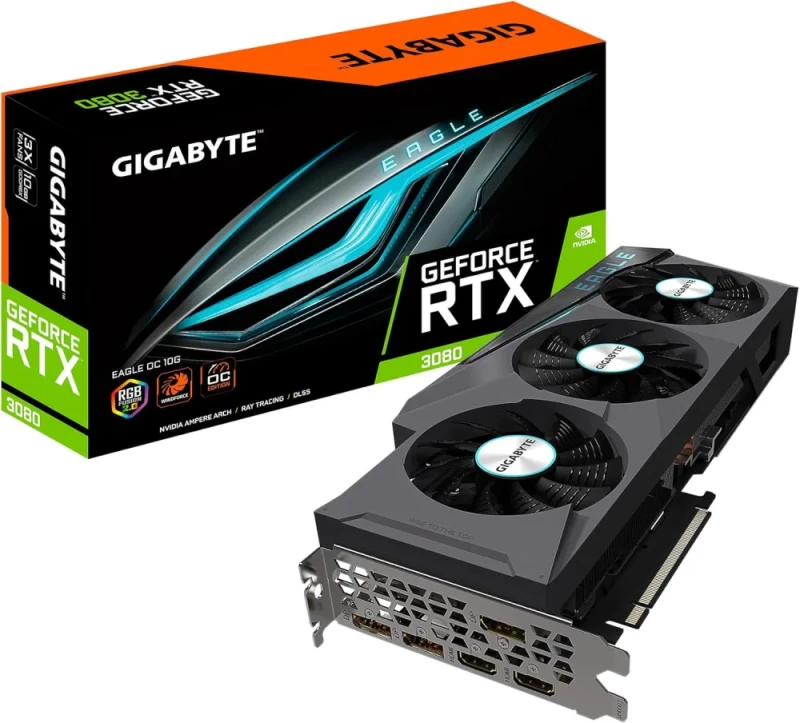 Gigabyte EAGLE OC GeForce RTX 3080 10GB – NVIDIA Ampere 8704 CUDA Cores, 10GB GDDR6X 320-bit, 1755 MHz Boost, PCIe 4.0 x16 GPU, WINDFORCE 3X Cooling with Triple Fans, 320x128x56 mm, 3x DisplayPort 1.4a + 2x HDMI 2.1, 750 W PSU Recommended - Featured Image